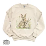 Retro Rabbit Mama & Three Bunnies Mountain Scene Sweatshirt - Nineties 90s Vintage Brown Rabbits Outfit - Boho Unisex Crewneck Sweatshirt